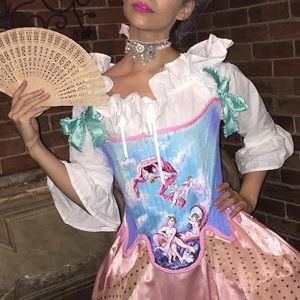 Custom made 18th century stays hand painted north of Venus scene shown at museum